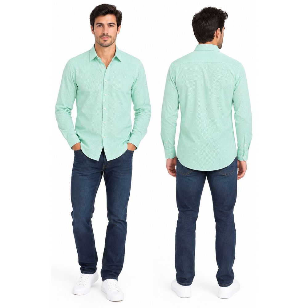 Express Men's Green Dotted Casual Button Down Shirt L/G